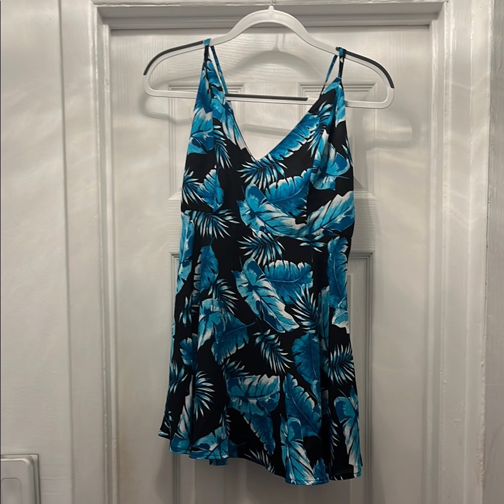 Tropical Blue and Black Leaf Print Dress